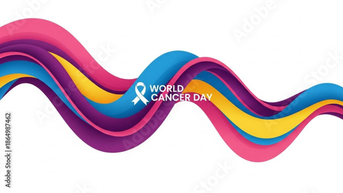 World Cancer Day ribbon graphic with colorful abstract waves representing hope and awareness for a global health campaign isolated on white