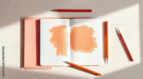 Open notebook with orange paint strokes and colorful pens on a clean desk, bathed in warm sunlight, inspiring creativity and focused planning