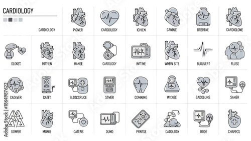 Cardiology medical icons set with heart and ECG elements