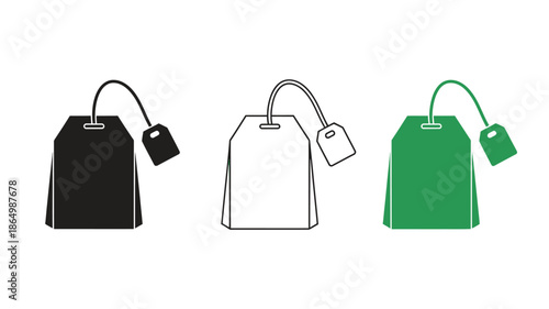 Three colored tea bag icons in a simple flat design silhouette