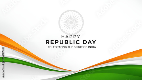 Minimalist graphic design celebrating happy republic day with abstract indian flag colors and ashoka chakra emblem
