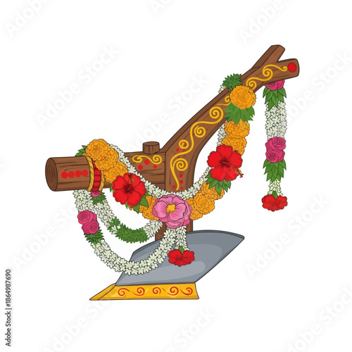 Vibrant floral decorated traditional Indian plough for agriculture
