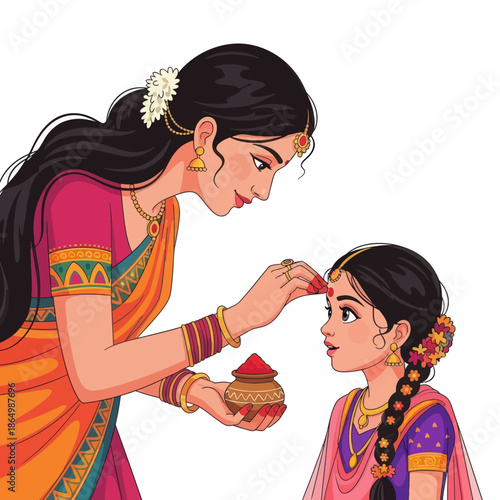 Woman applying traditional Indian vermilion to young girl's forehead