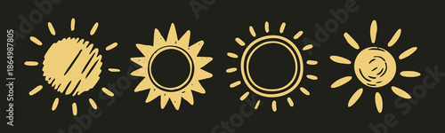 Various unique yellow Suns. Abstract, doodle, childish style, different rays. Weather app, summer mood, travel, climate, sunlight concept. Hand drawn Vector illustration. Isolated design elements 