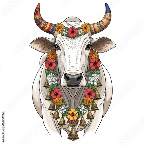 Decorated cow with colorful flowers and bells around neck