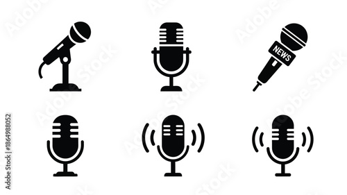 Collection of black microphone icons in varying styles a dark silhouette