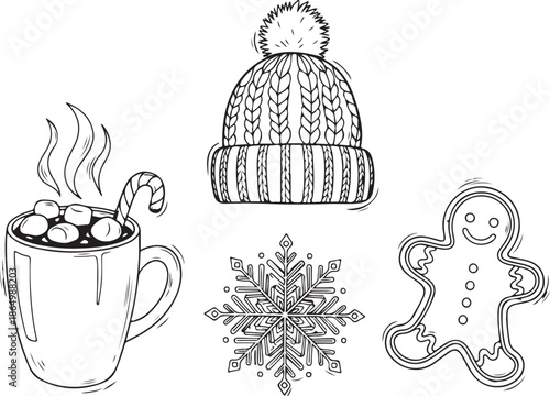 A cozy winter collection of four hand-drawn icons: a steaming mug of cocoa with marshmallows and a candy cane, a knitted beanie hat, a delicate snowflake, and a smiling gingerbread man.


