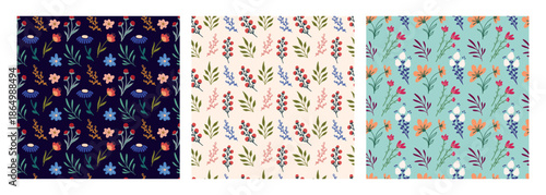Seamless Floral Pattern Set with Hand Drawn Botanical Elements
