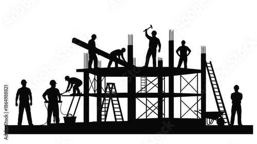 Construction workers building a structure depicted in a striking black silhouette