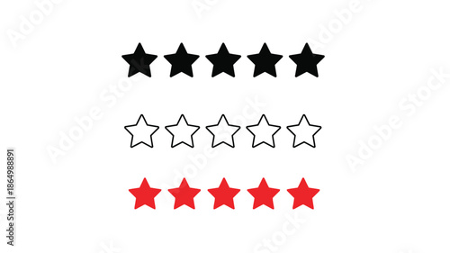Five stars in black white and red hues presented as a rating silhouette