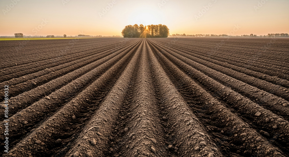 Obraz premium Brown soil field, parallel furrows, sunrise behind trees, creating peaceful agricultural landscape, symbolizing growth, harvest, and nature's cycle