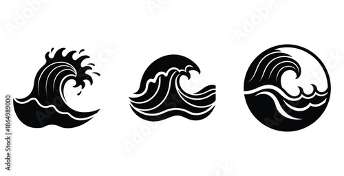 Set of Ocean Wave Silhouettes. Tropical Summer Beach Wave Icons. Nature and Ocean Themed Design Icons.