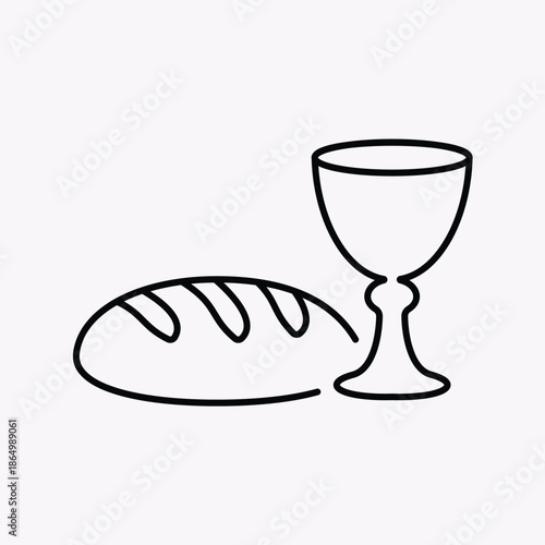 Christian Holy Communion symbol with bread and wine chalice line art icon