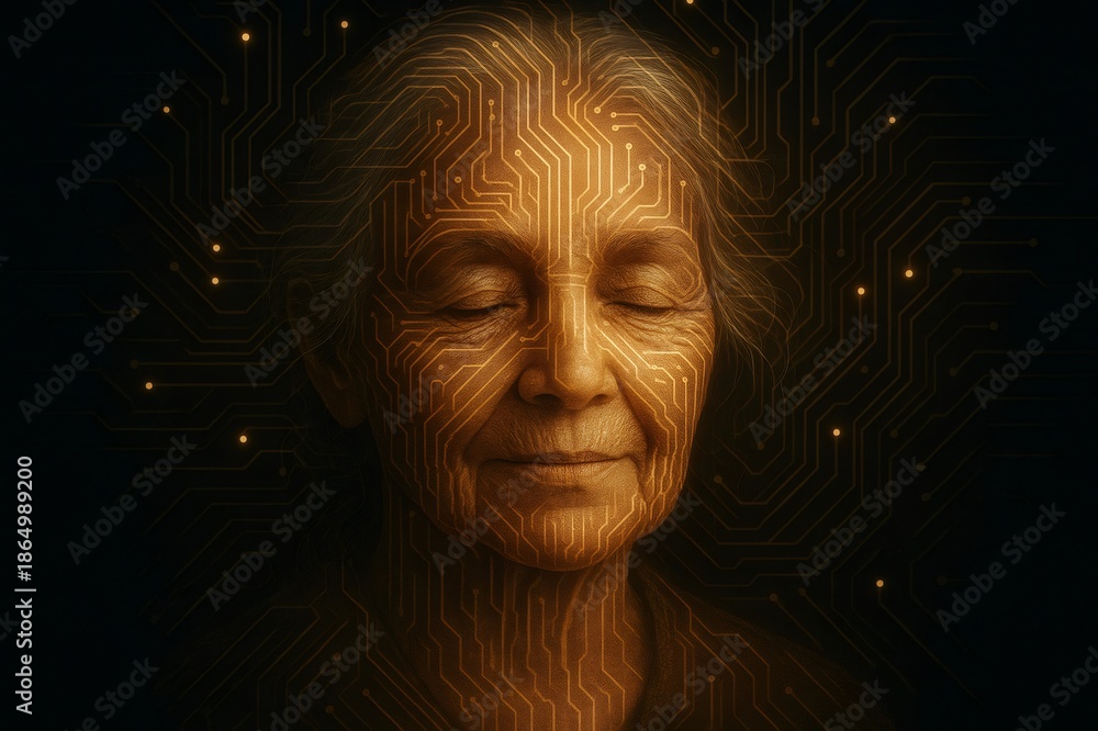 Obraz premium Senior woman's face integrated with glowing circuit board pattern, symbolizing human mind and AI fusion, digital wisdom
