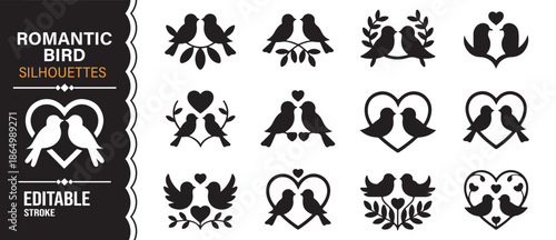 Decorative romantic bird icons in silhouette style isolated vector