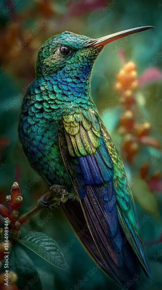 Obraz premium Exotic Hummingbird Feeding on Tropical Flower in Lush Garden