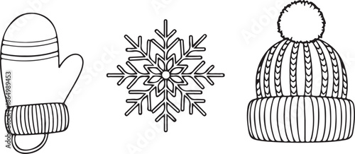 A cozy set of three winter-themed line art illustrations featuring a knitted striped mitten, a highly detailed symmetrical snowflake, and a textured beanie cap with a large pom-pom.