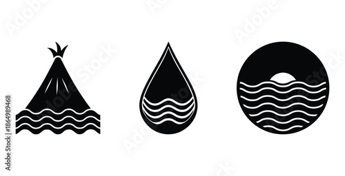 Vector illustration of a black and white beach water silhouette icons. Set of ocean wave silhouettes.