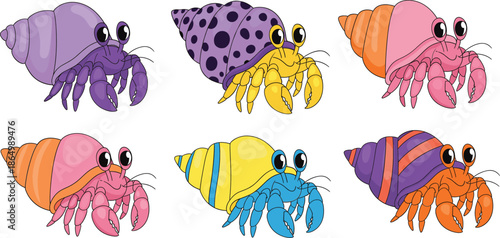 Cute Cartoon Hermit Crab Characters with Colorful Shells and Funny Expressions Isolated Vector Illustration Set