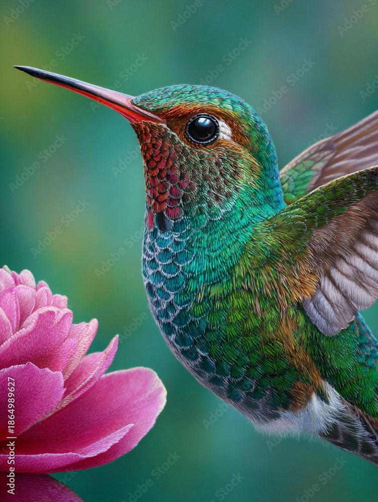 Fototapeta premium Iridescent Hummingbird Hovering Near Pink Flower