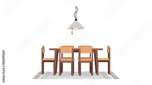 A warm and inviting dining room scene showcases a sturdy wooden dining table surrounded by four matching chairs, illuminated by a stylish pendant lamp, all resting on a patterned rug.
