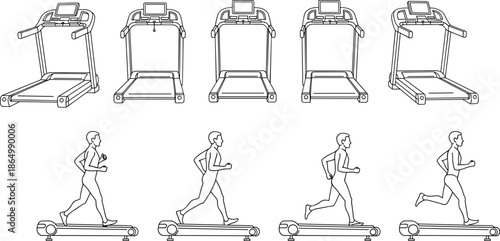 Treadmill exercise illustrations showing running stages and fitness equipment views, gym workout training concept isolated vector line art white background