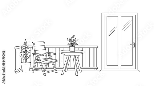A tranquil outdoor balcony setting features a comfortable folding chair, a small side table holding a potted plant, and additional greenery, beside a tall glass double door.