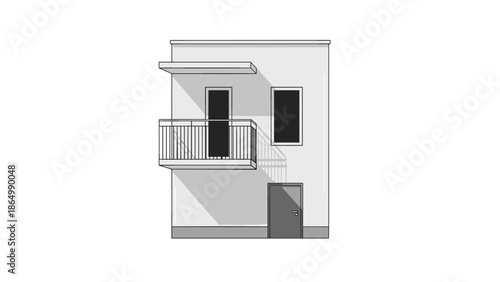 The front exterior facade of a modern house or apartment building features a stylish balcony with railings, two upper windows, and a ground-floor entrance door, casting subtle shadows.