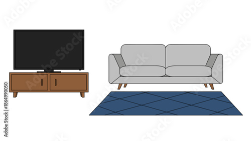A modern living room setup features a large flat-screen television on a stylish wooden media console, a comfortable two-seater sofa, and a patterned blue rug, defining a cozy entertainment area.