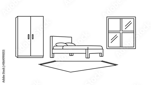 A detailed line art illustration of a bedroom layout includes a spacious two-door wardrobe, a comfortable bed with pillows, a geometric-patterned rug, and a large four-pane window.