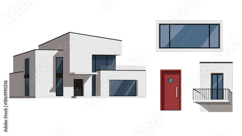 A vector illustration displays essential modern office furniture, featuring a wooden desk, ergonomic chair, adjustable lamp, and a three-drawer cabinet.