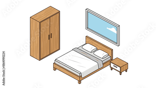 This isometric illustration showcases a complete bedroom setup, featuring a wooden wardrobe, a bed, a nightstand, and a window, ideal for modern interior designs.