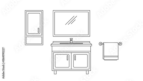 A vector illustration presents a collection of essential modern bathroom fixtures, including a shower, sink, toilet, mirror, and cabinet.