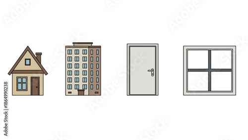 This vector graphic shows a traditional house, a modern apartment building, a simple entrance door, and a classic window, isolated architectural elements, perfect for design applications.