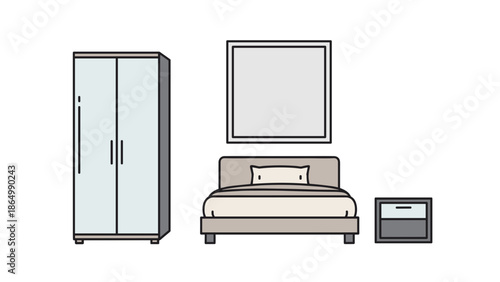 This flat vector illustration clearly depicts essential bedroom furniture: a spacious wardrobe, a comfortable bed, and a practical nightstand, ideal for interior design.