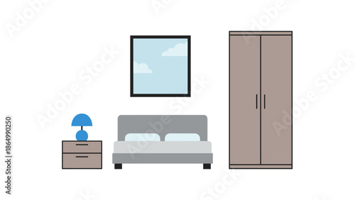 This flat illustration shows a cozy bedroom setup, including a comfortable gray bed, a brown wardrobe, nightstand with lamp, and window, ideal for home decor.