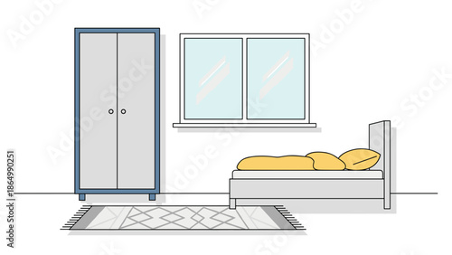 This clean flat illustration presents a minimalist bedroom arrangement, featuring a gray wardrobe, a window, a comfortable bed with yellow bedding, and a rug.