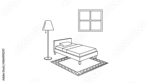 This simple line art illustration depicts a cozy single bedroom, featuring a comfortable single bed, a tall floor lamp, classic window, and a rug, ideal for interiors.