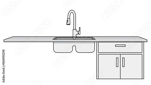 This precise line art illustration showcases a modern kitchen sink unit, complete with a long countertop, double basin, stylish faucet, and base cabinets, perfect for design.
