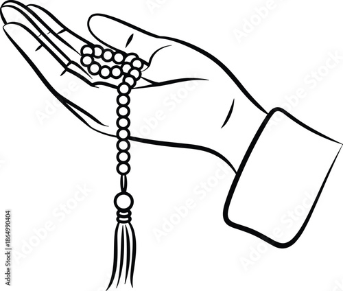 Hand with Prayer Beads Holding and Fingertips in Praying Gesture with Palm and Fingers in Folded Hands Together Pressed Upward