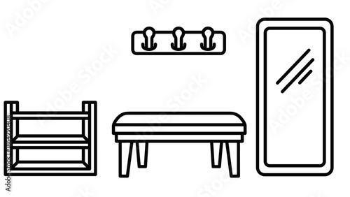 A line art illustration showcases essential hallway furniture: a shoe rack, a bench, a coat rack, and a full-length mirror, isolated on a white background.