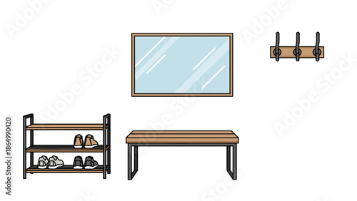 An isometric view presents a neat entryway: a shoe rack, a sleek bench, a rectangular mirror, and a practical coat rack with hooks, creating an organized space.