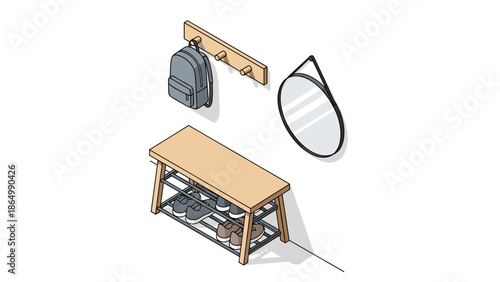 An isometric illustration depicts a cozy entryway: a wooden bench with shoes, a backpack on a coat rack, and a stylish round mirror, all against a white backdrop.