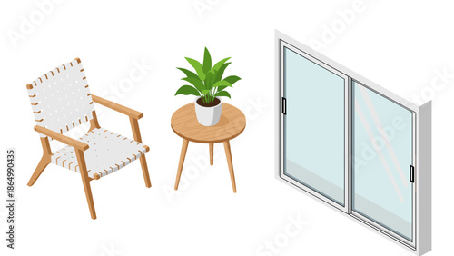 An isometric illustration portrays a minimalist living space: an armchair, a small table with a potted plant, and a sleek sliding door, all against a white background.