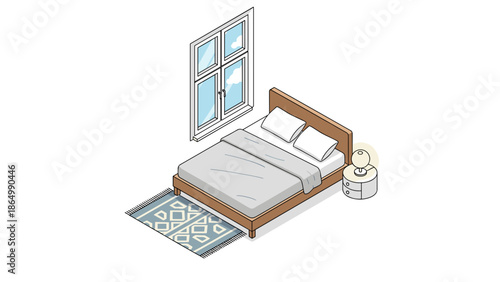 An isometric illustration portrays a bright bedroom: a wooden bed, a nightstand, a lamp, a patterned rug, and a large open window inviting light and air.