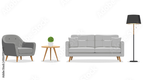 A clean, flat design illustrates a contemporary living room: an armchair, a small table with a plant, a sofa, and a tall black floor lamp, perfect for relaxation.
