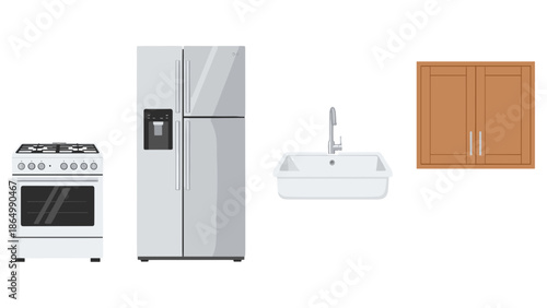 A clear, flat design illustrates essential kitchen appliances: a gas oven, a refrigerator, a sink, and wooden upper cabinets, ready for culinary activity.