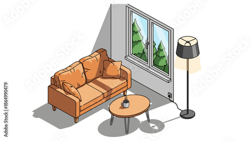 An isometric illustration depicts a cozy living room with an orange sofa, cushions, a coffee table, a floor lamp, and a window with trees for a peaceful retreat.