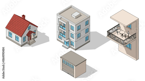 A colorful isometric illustration showcases residential structures: a house, an apartment building, a garage, and a balcony, representing diverse housing options.
