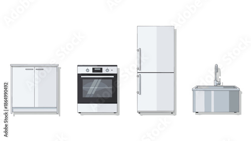 A collection of essential modern kitchen appliances and fixtures are neatly arranged, showcasing a refrigerator, oven, base cabinet, and sink unit against a clean white background.